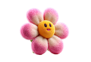 Cute Plush Flower: Floral, Smiley Face, Isolated, Toy, Soft, Petals, Cheerful, Design, 3D, Render
