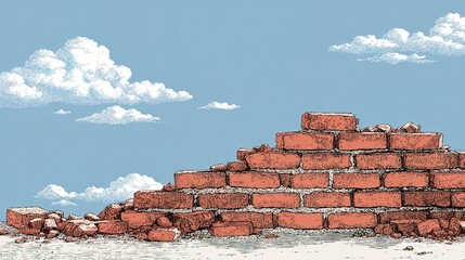 Minimalist cartoon illustration of partially built brick wall with blue sky background, ideal for architecture concepts, DIY guides and creative presentations