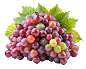 Fototapeta premium A bunch of ripe red and green grapes with fresh green leaves, isolated on transparent background