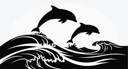 Obraz premium Two playful dolphins leap joyfully over cresting ocean waves under a bright sun.