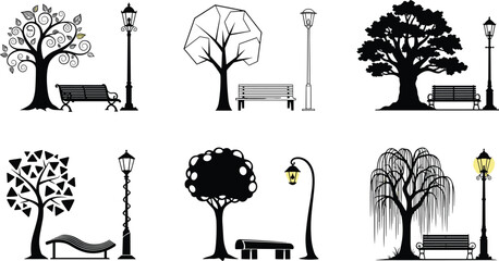 Stylized park scene illustration, tree and bench, lamp post design, urban nature concept, artistic landscape, outdoor relaxation setting