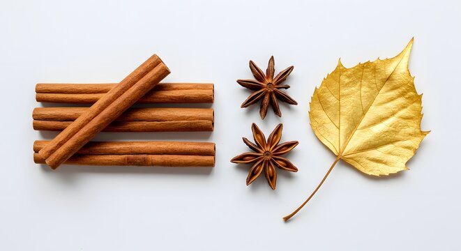 Warm autumn spices: cinnamon sticks, star anise, and gilded leaf on white background, top view - Powered by Adobe