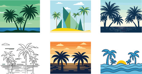 Tropical beach illustration, palm trees, ocean sunset, island design, coastal art, vacation concept, stylized nature, summer paradise