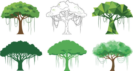 Stylized banyan tree illustration, hanging vines, artistic foliage, geometric design, sketch style, silhouette art, watercolor concept
