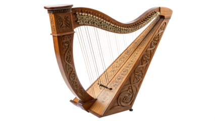 Large wooden harp with long handle cut out on PNG isolated on white background. AI GENERATED.
