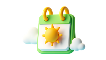 3d cartoon calendar icon with sunny day and clouds concept for planning and scheduling isolated background 3d icon