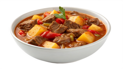 Exploring authentic goulash from Hungary cut out on PNG. AI GENERATED.