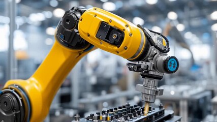 A yellow robot is working on a machine, and the machine is making a part. The robot is in a factory setting