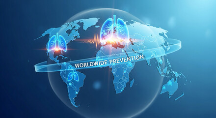 3D illustration of world map with lung icons glowing over countries — worldwide prevention.