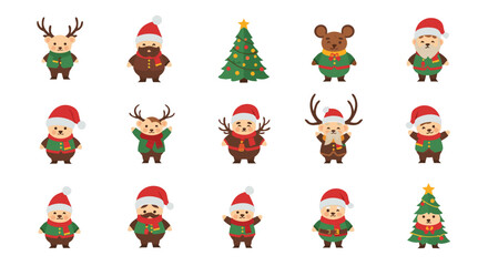 Naklejka premium A charming collection of festive cartoon characters and Christmas trees adorned with Santa hats, perfect for holiday greetings and decorations