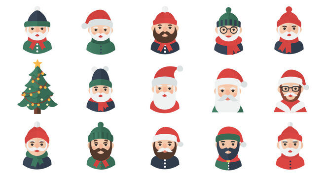 Collection of various Christmas Santa Claus cartoon icons and a decorated Christmas tree, perfect for holiday graphics and designs