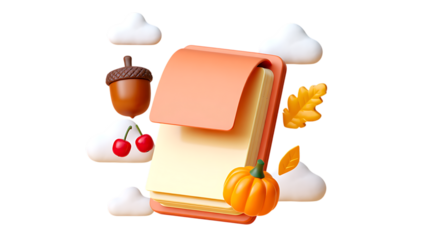 Whimsical 3d autumnal collection of icons featuring a backpack pumpkin and cherries with clouds isolated background 3d icon