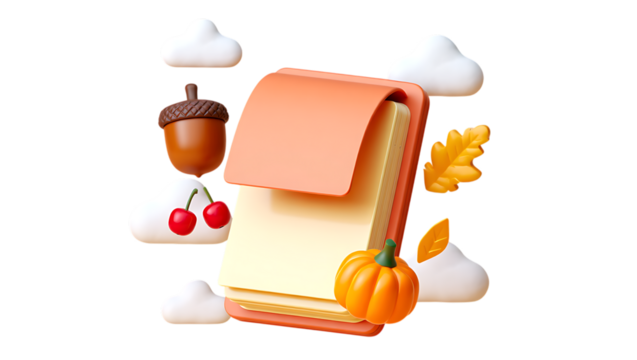 Whimsical 3d autumnal collection of icons featuring a backpack pumpkin and cherries with clouds isolated background 3d icon