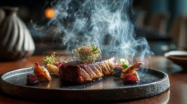 Steak dinner served with aromatic steam rising from a gourmet plate in a dimly lit restaurant setting for a fine dining menu.