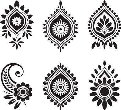 Black Paisley and Floral Henna Designs on White vector