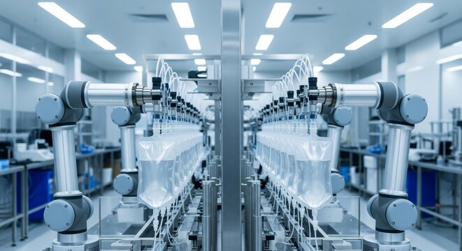 Robotic arms meticulously handling and processing transparent bags within a sterile pharmaceutical laboratory environment.