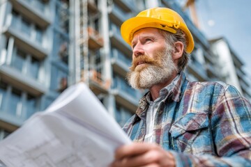 Construction worker man holding blueprints at building site