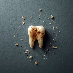 Cracked and Decayed Tooth with Fragments on Dark Surface