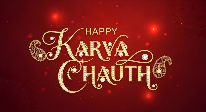 Vibrant Karva Chauth greeting with ornate text and paisley motifs for festival celebration design