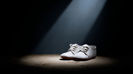 Pair of white shoes are sitting on a sandy surface. The shoes are illuminated by a light source, creating a sense of mystery and intrigue. The scene evokes a feeling of solitude and contemplation