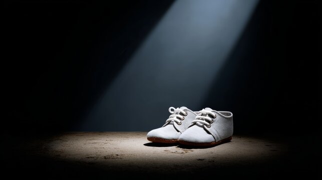 Pair of white shoes are sitting on a sandy surface. The shoes are illuminated by a light source, creating a sense of mystery and intrigue. The scene evokes a feeling of solitude and contemplation - Powered by Adobe