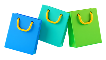 Three vibrant 3d shopping bags in blue teal and green with yellow handles isolated  background 3d icon