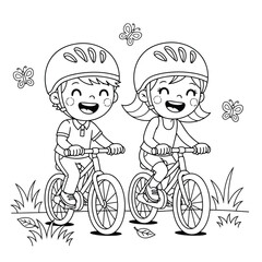 Vector art of happy cartoon children wearing helmets riding bicycles with butterflies and grass