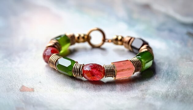 watermelon tourmaline bracelet with antique gold metal accents colorful bracelet with natural stones and bronze charm handmade bracelet with green pink and orange tourmaline