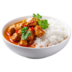 Delicious chicken curry and fluffy white rice served in a white bowl a flavorful meal