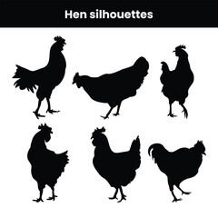 Hen silhouette vector collection set of chicken and rooster icons in different poses isolated on white background perfect for farm design poultry illustration and rural animal themed vector artwork