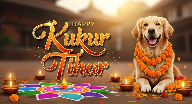 Kukur tihar celebration with decorated golden retriever and colorful rangoli for festive greeting card design