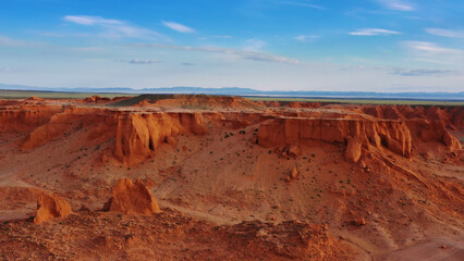 Bayanzag flaming cliffs at sunset in Mongolia