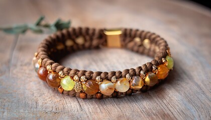 Obraz premium boho bracelet with jasper rhodonite and citrine in handwoven cord artisan bracelet with natural stones and golden crystal details adjustable wrap bracelet with tree of life charm and warm tones