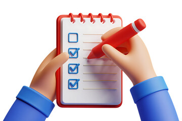 3d animated hand checking off items on a to-do list with a red pen task completion concept isolated  background 3d icon