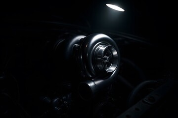 Turbocharger in Engine Bay Under Night Workshop Service Light