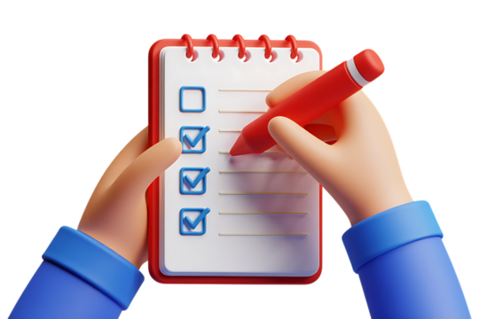 3d animated hand checking off items on a to-do list with a red pen task completion concept isolated  background 3d icon