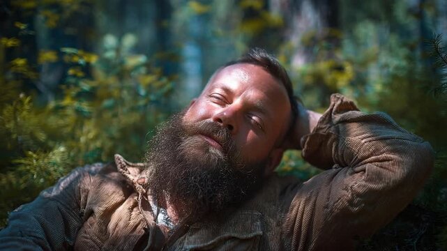 Bearded man lying on grass in a forest, hands behind his head, wearing a brown jacket and relaxing.