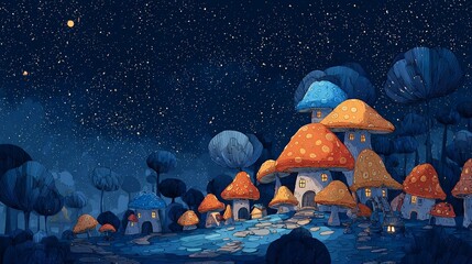 Enchanting mushroom village aglow under a starry night sky, inviting whimsical story telling and magical adventures, making it perfect for dreamy book covers and imaginative designs
