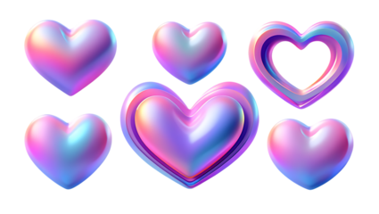 Six glossy iridescent heart icons in pink purple blue hues isolated background 3d rendered icon