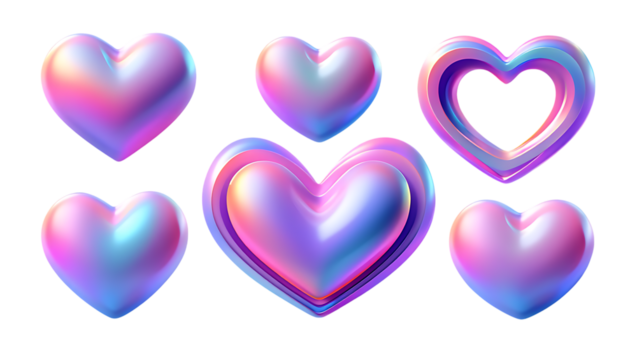 Six glossy iridescent heart icons in pink purple blue hues isolated background 3d rendered icon