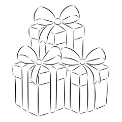
Minimalist linear illustration of three gift boxes with ribbons and bows, elegant festive design for 