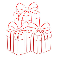 
Minimalist linear illustration of three gift boxes with ribbons and bows, elegant festive design for 