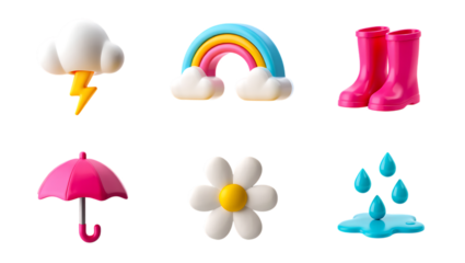 Bright 3d icons featuring weather elements and spring symbols for design projects isolated background 3d rendered icon