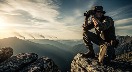 A person on a mountain peak uses binoculars to observe the distant landscape under a cloudy sky.