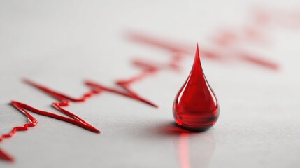 Red drop of liquid in front of heartbeat line on white background.