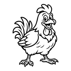 Cute Rooster Vector Illustration – Cartoon Farm Chicken in Black and White for Kids, Agriculture, and Animal Design
