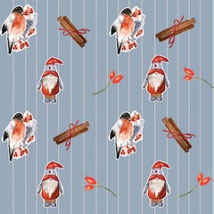 Winter watercolor seamless pattern with gnomes, bullfinches and striped background
