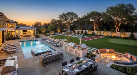 Luxurious outdoor living space showcasing a pool, dining area, and fire pit at dusk.