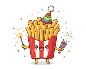 Cute french fries celebrate birthday with confetti and sparkler. Kawaii party food in fry box. Mascot fast food celebration character. Funny fried potatoes vector illustration