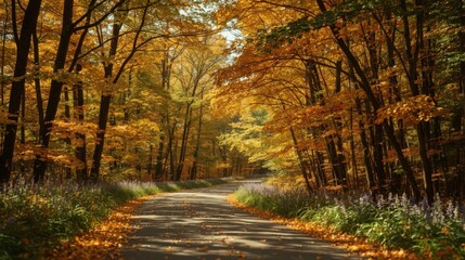 Obraz premium A winding road through a forest during autumn with golden leaves on the trees and ground covering the road